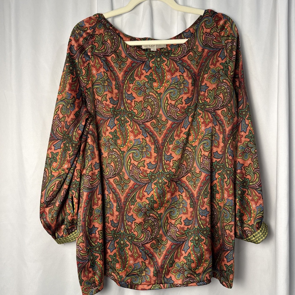 LOFT Womens Blouse Large Paisley Ballon Sleeves Satin